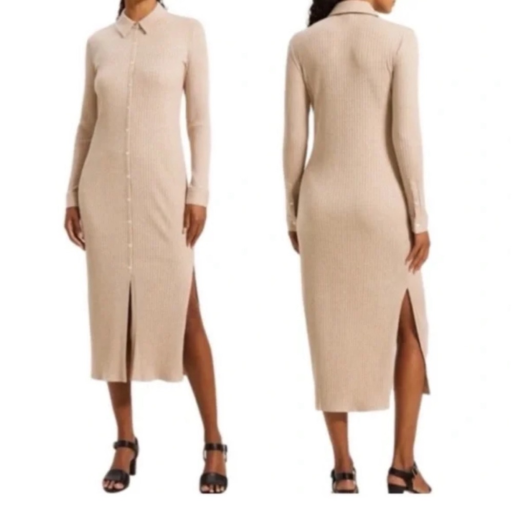 Theory Size L Cozy Knit Midi Ribbed Button-Down Collared Sweater Dress